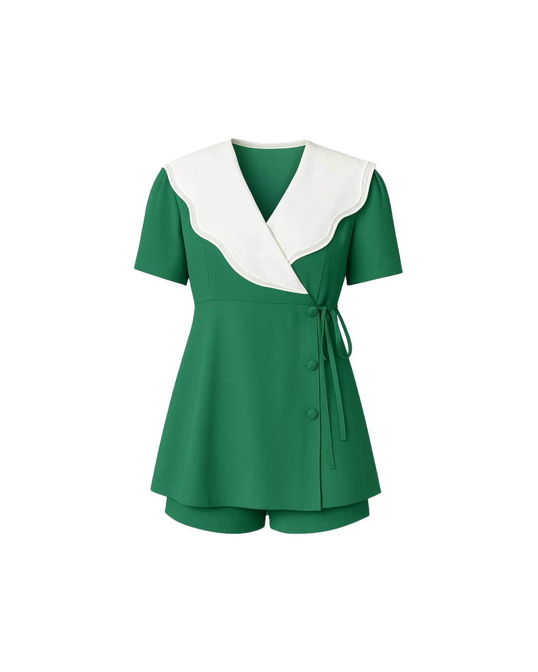 Green outfit with white collar on a white background