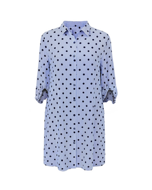 Blue and white polka dot dress on a white background
