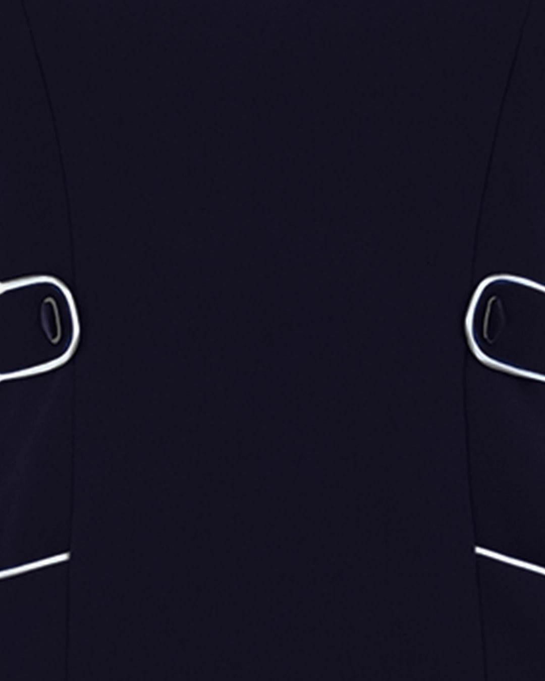 Close-up of a dark suit jacket with white buttons and trim.