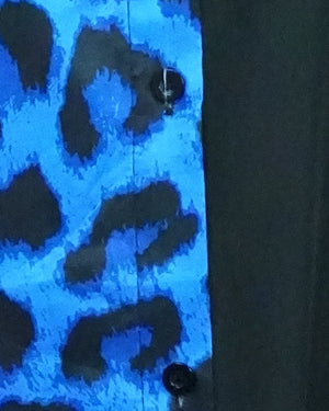 BeboNLolo Eclipse Contrast Leopard Shirt close-up highlighting blue leopard pattern and button details – Close-Up View