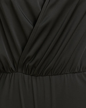 BeboNLolo black wrap bodysuit close-up highlighting V-neckline and ruched fabric detail – Close-Up View