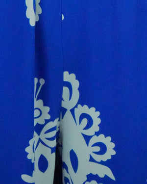 Blue fabric with white floral patterns