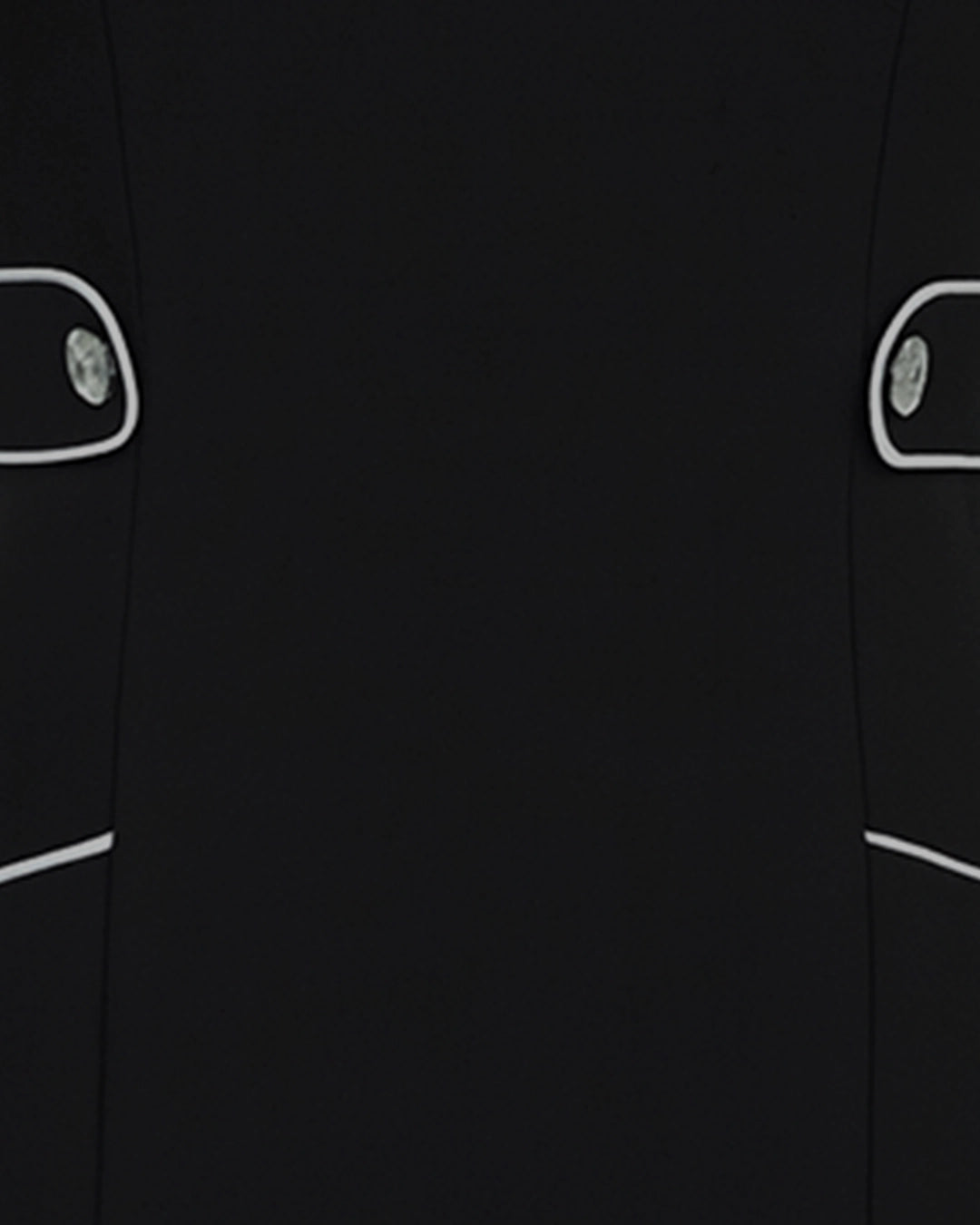 Close-up of a black coat with white buttons and trim on a dark background