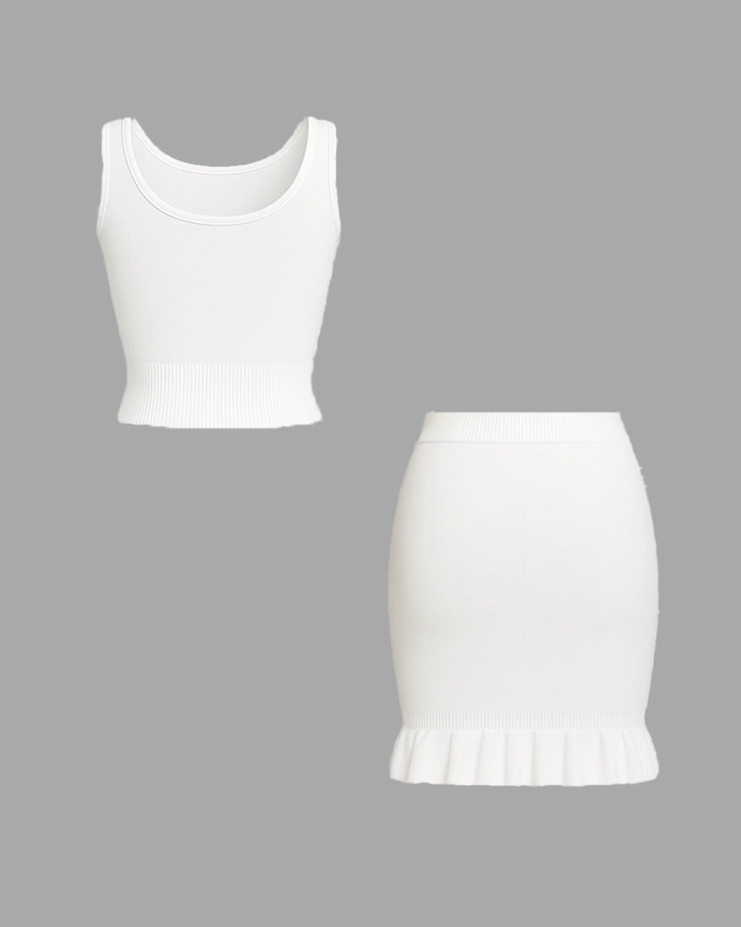 White tank top and skirt set on a gray background