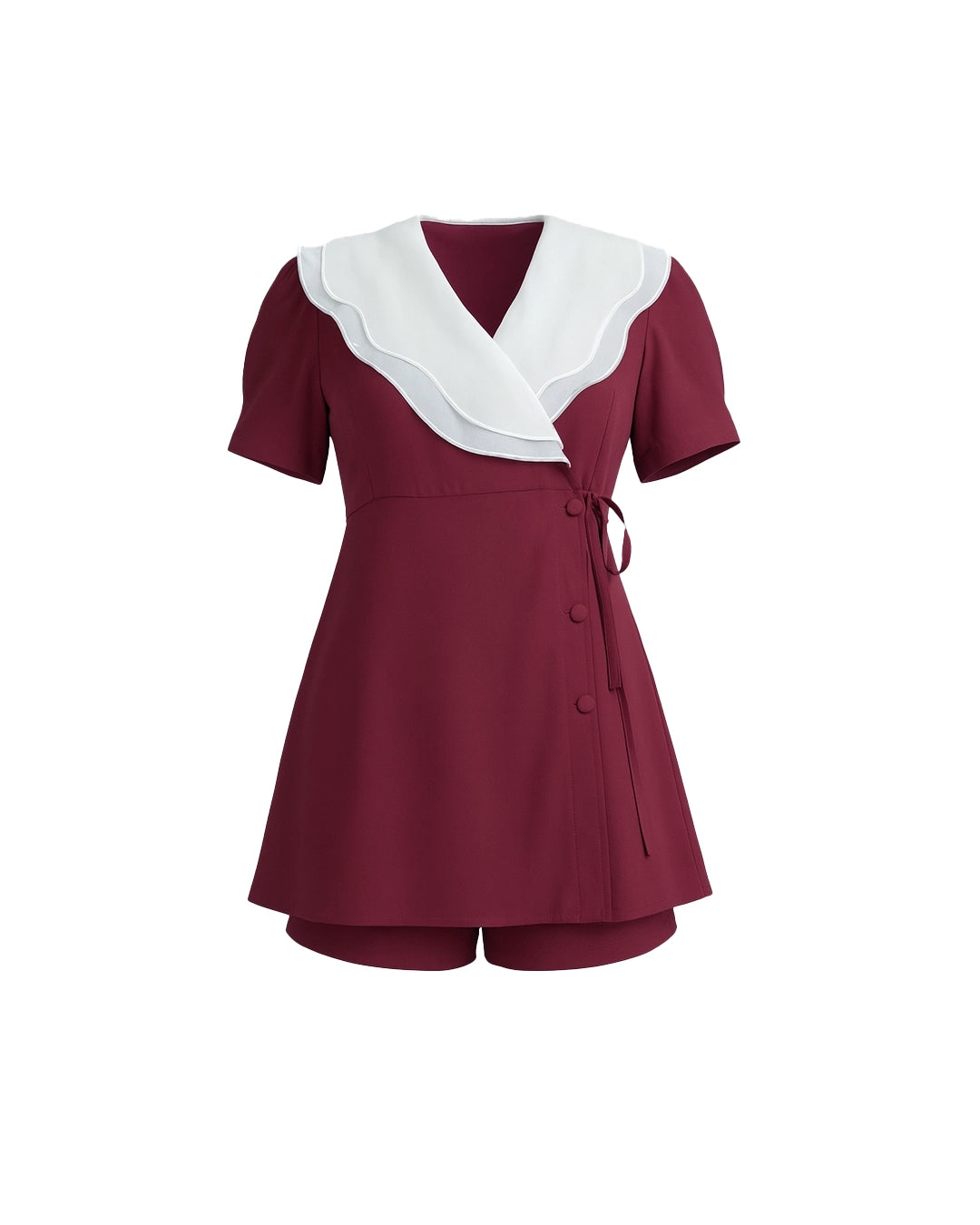 Maroon dress with white collar on a white background