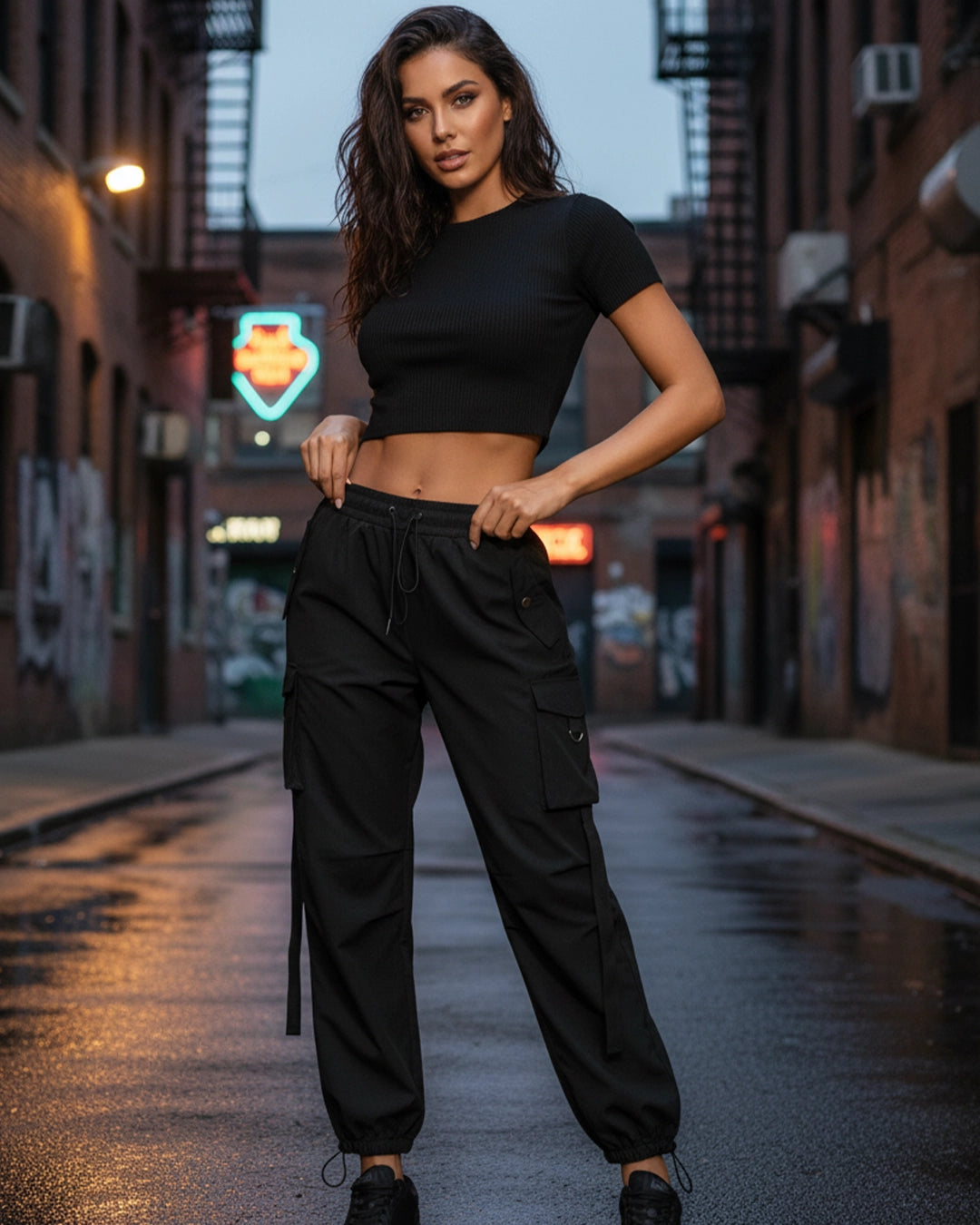 Woman in black crop top and cargo pants standing on a city street at dusk.