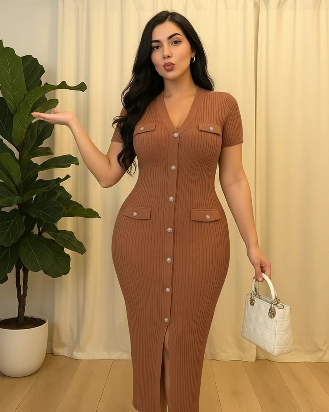 Woman in a brown ribbed dress holding a white handbag next to a plant against a beige curtain background