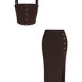 Brown top and skirt set with button details on a white background