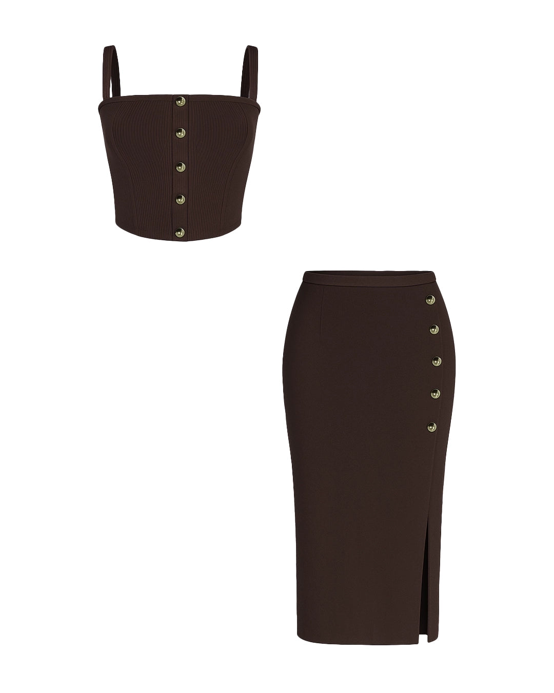 Brown top and skirt set with button details on a white background