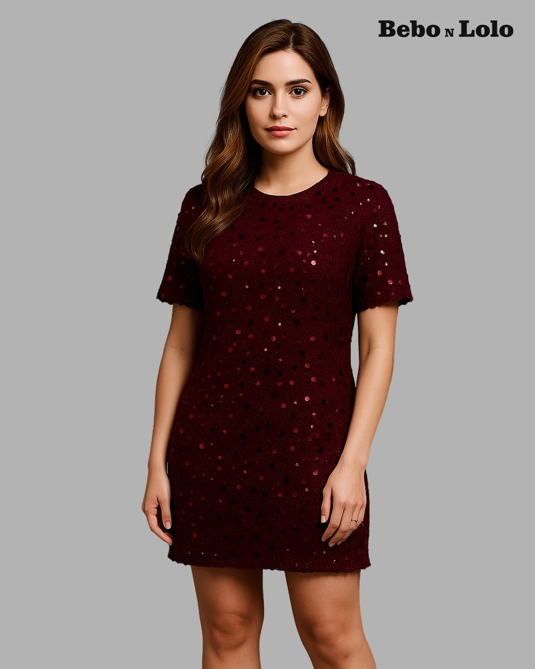BeboNLolo Radiant Sequin Embellished Dress in maroon with bold sequin shine – Front View