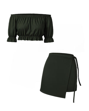 Black off-shoulder top and wrap skirt set on a white background