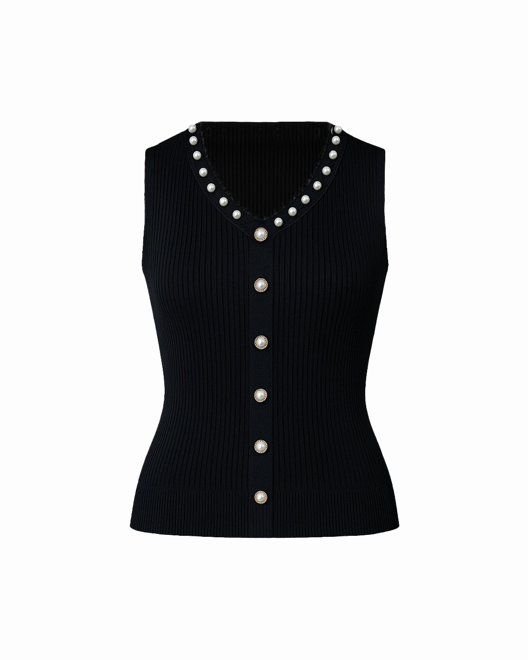 Black sleeveless top with pearl buttons on a white background