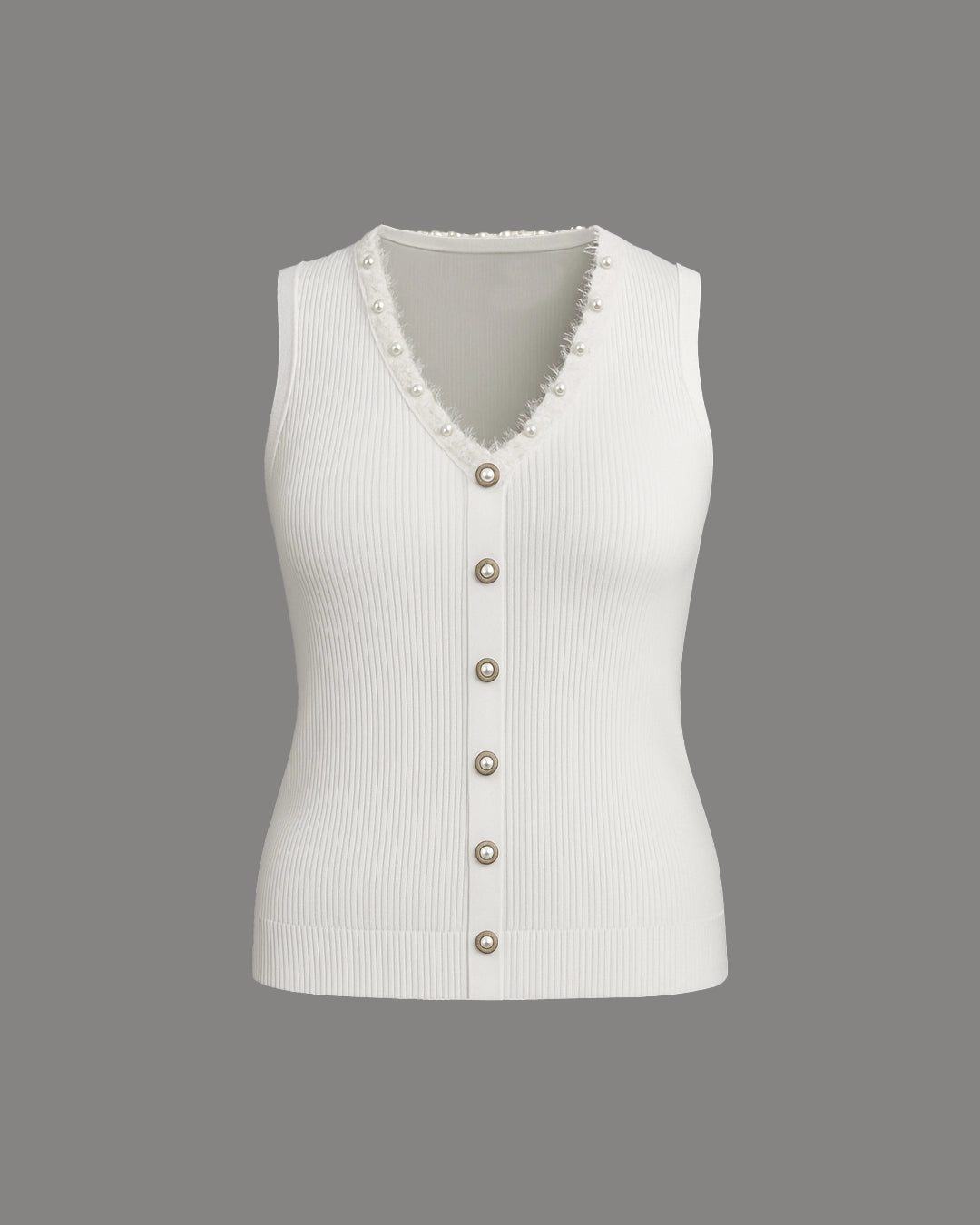 White ribbed knit vest with button details on a gray background