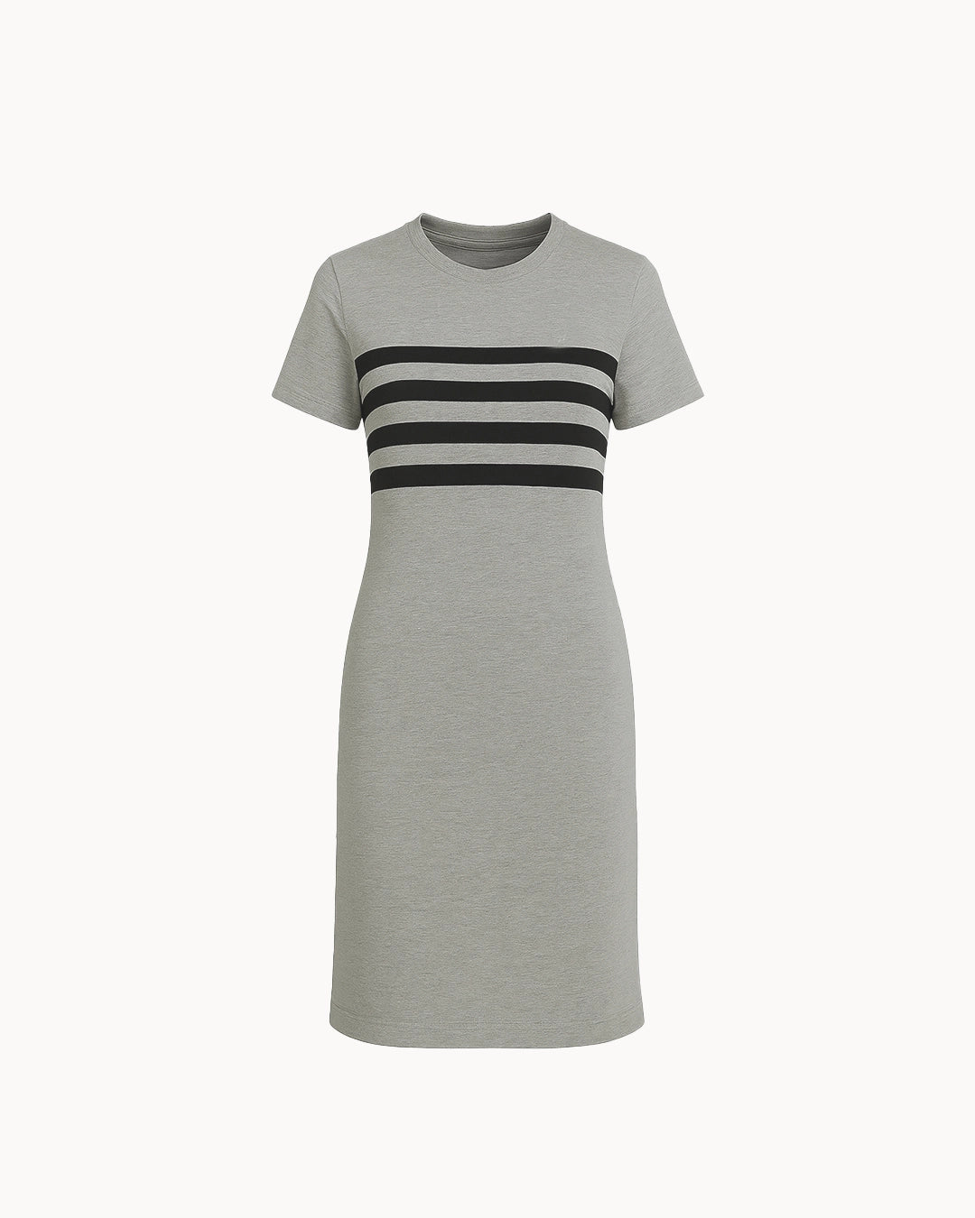 Gray dress with black horizontal stripes on a white background