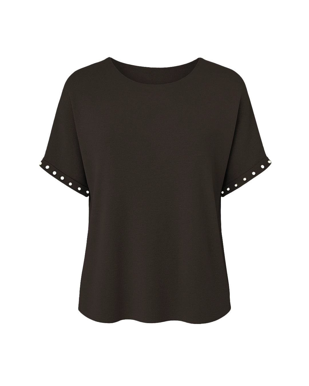 Black t-shirt with studded details on sleeves against a white background