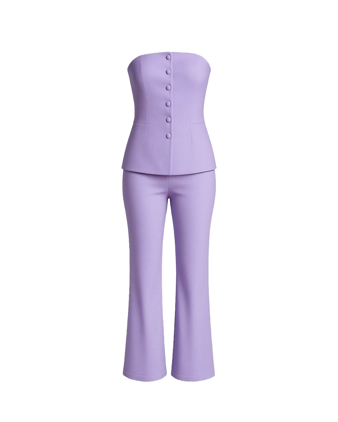 Lavender strapless top and flared pants set on a white background