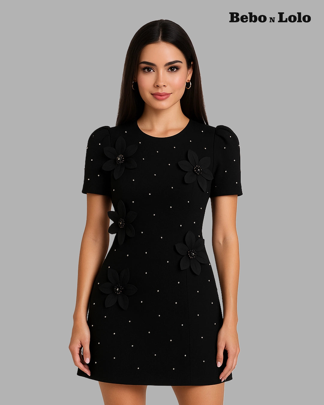 Mini Dress with Pearl & Flower - bebonlolo