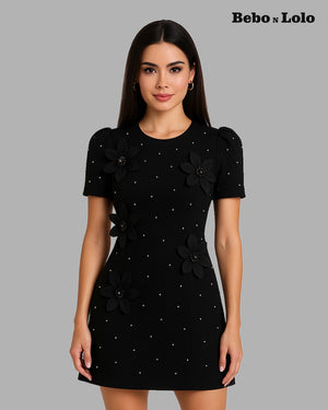 Mini Dress with Pearl & Flower - bebonlolo