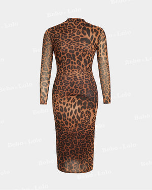 BeboNLolo animal print bodycon midi dress with long sleeves and high neckline – front  View