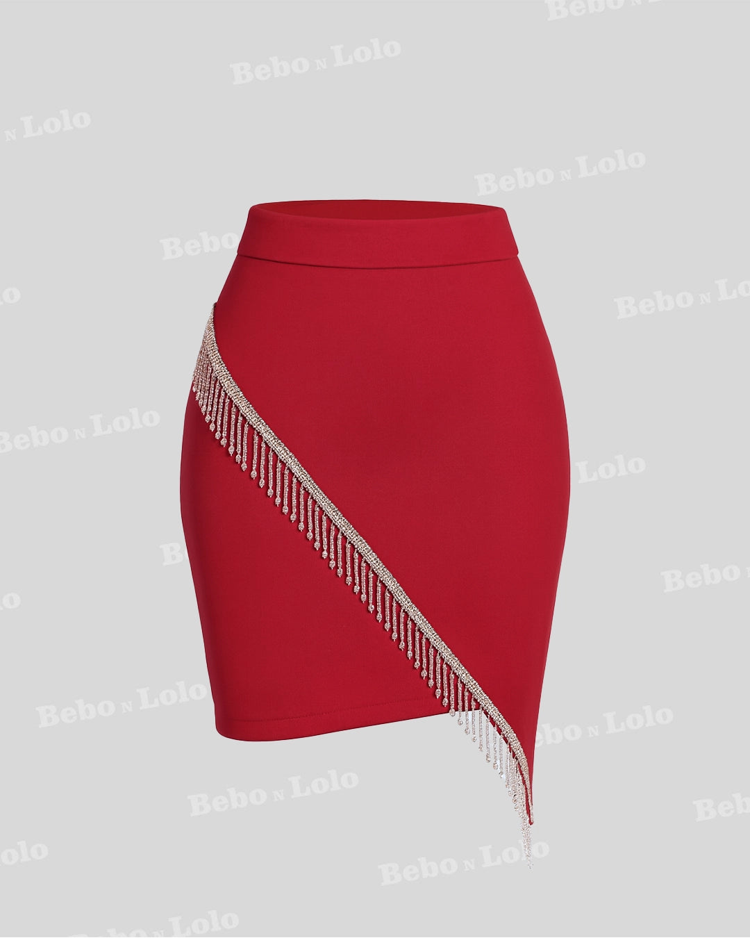 BeboNLolo red embellished mini skirt with diagonal silver fringe detail – Front View