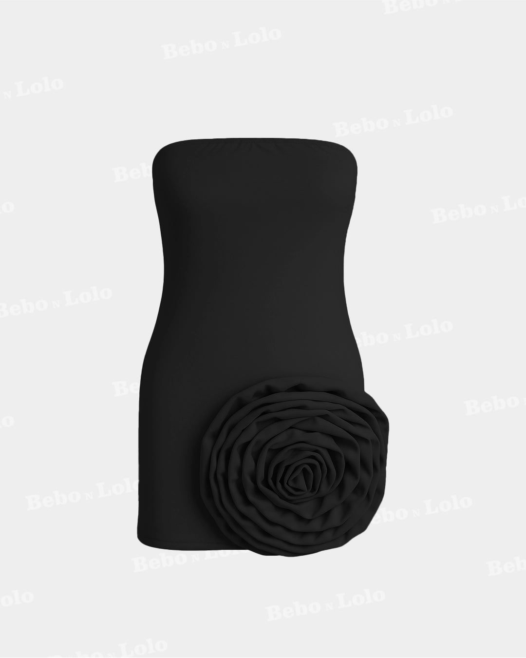 Black strapless top with a large flower detail on a light gray background