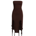 Brown strapless dress with ruffled details on a white background