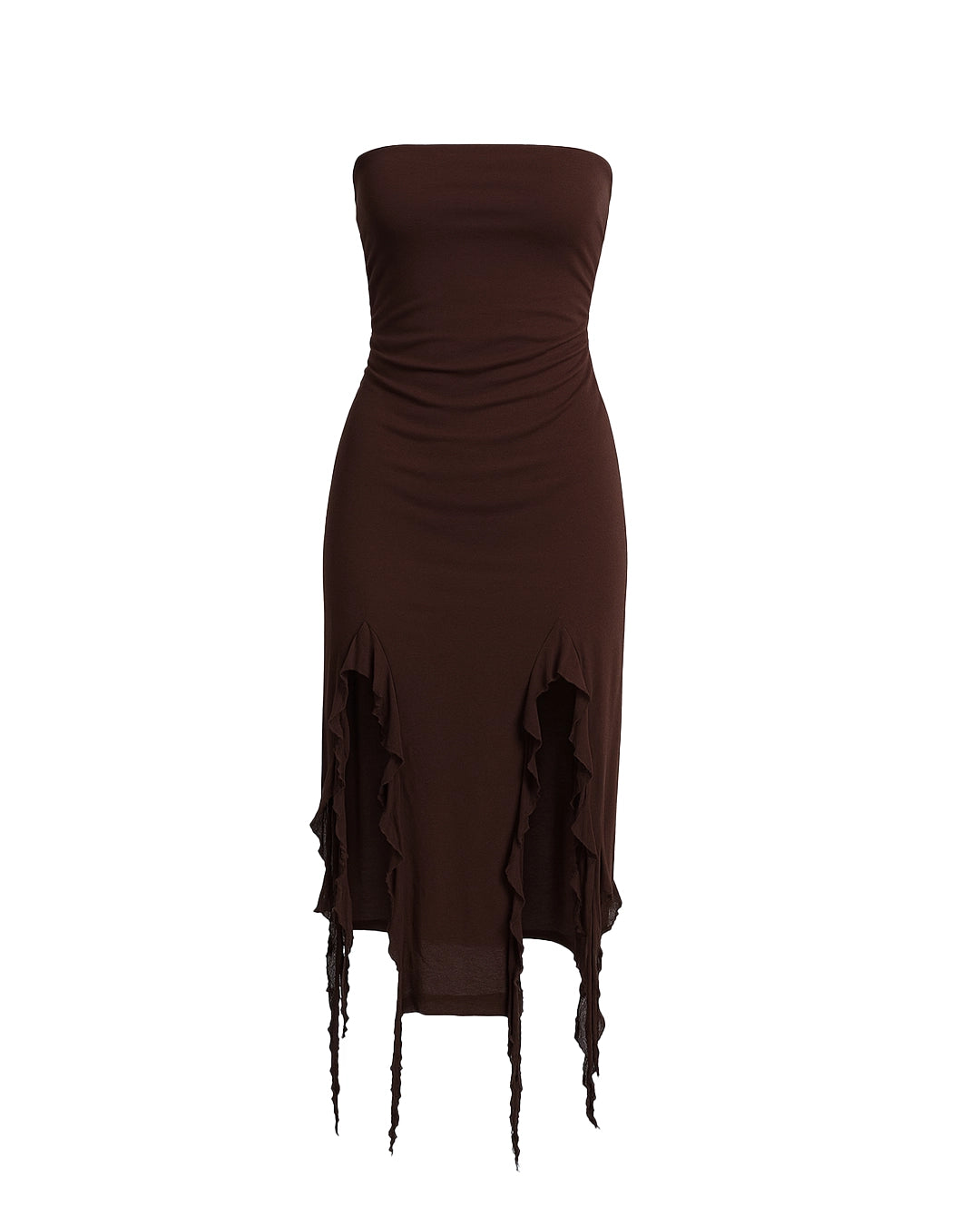 Brown strapless dress with ruffled details on a white background