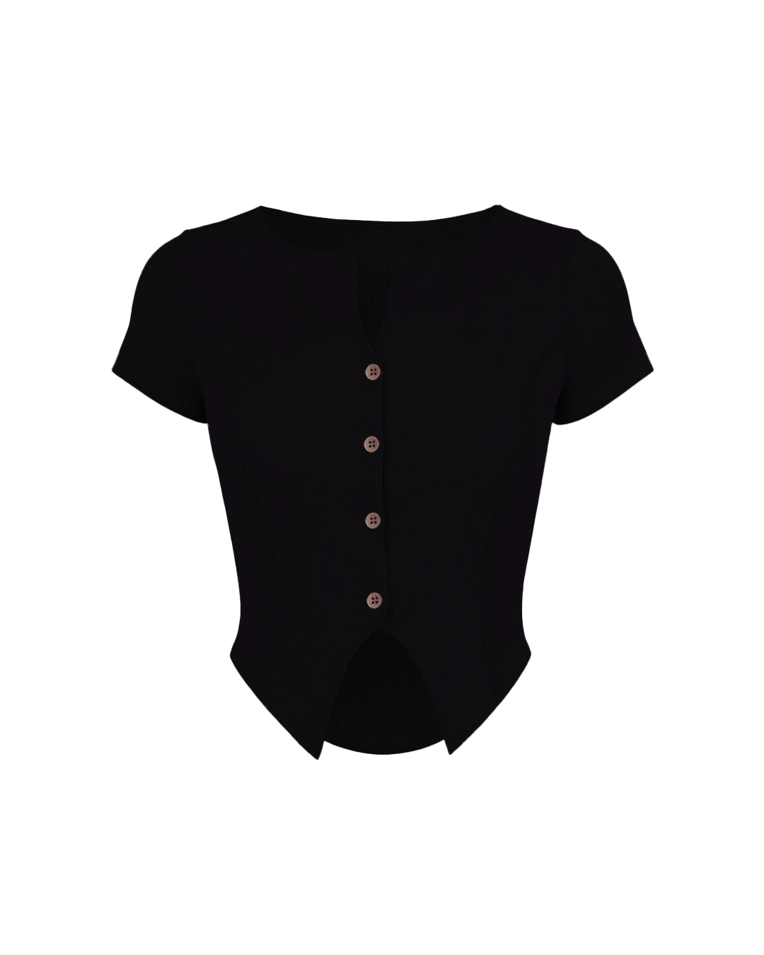 Black top with buttons on a white background