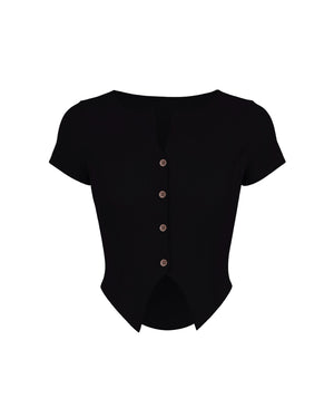 Black top with buttons on a white background