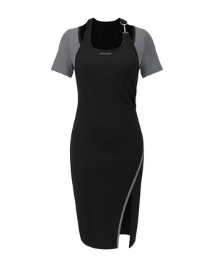 Black and gray dress with a zipper on a white background