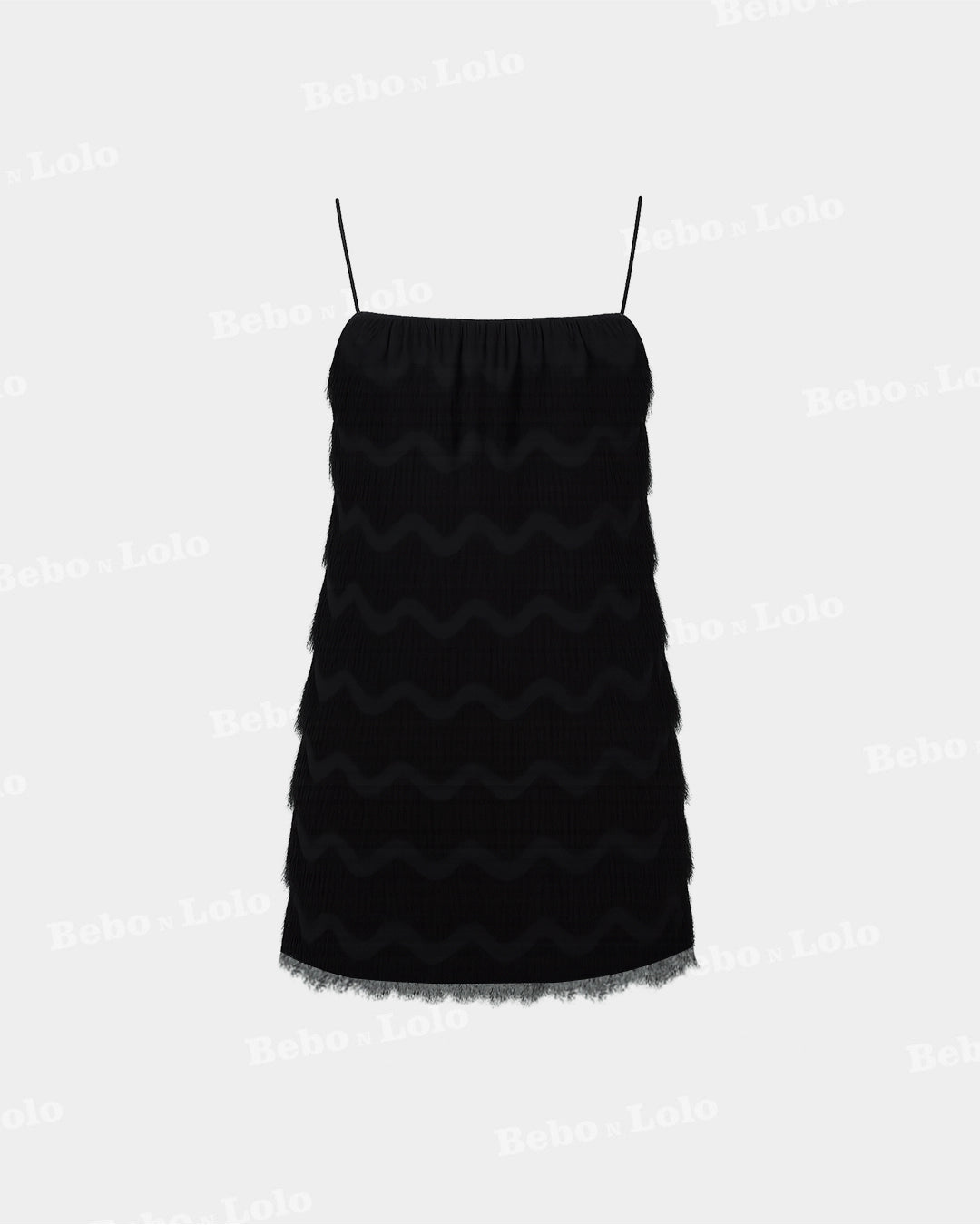 BeboNLolo black fringe layered sleeveless mini dress with spaghetti straps – Front View