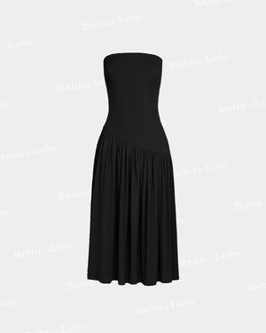 Strapless drop waist black midi dress