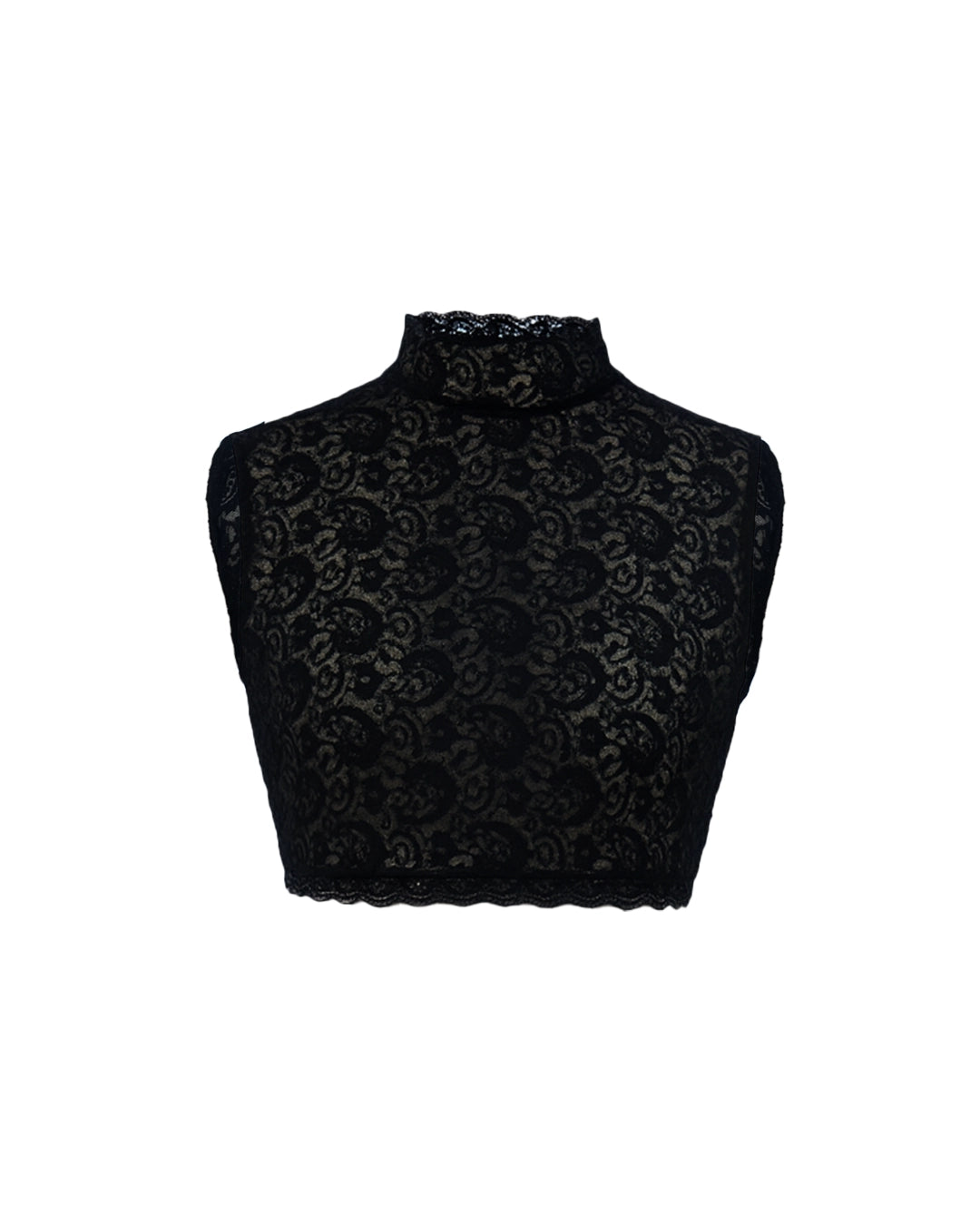 Black lace crop top on a white background
