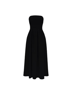 Black strapless dress on a white background