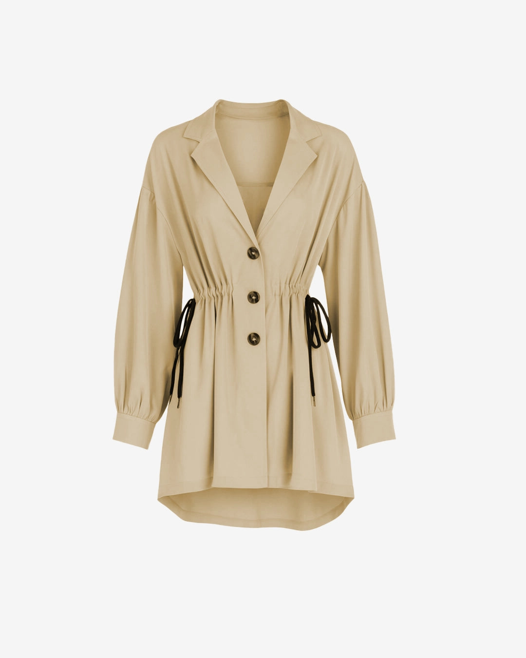 Beige jacket with button details on a white background