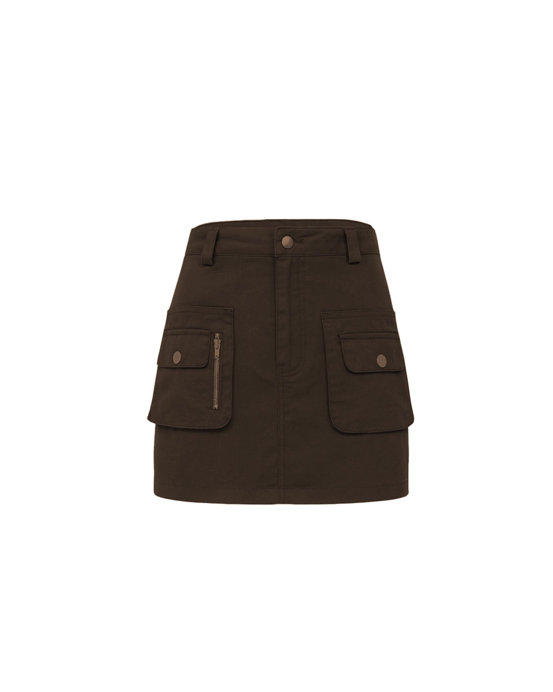 Brown skirt with multiple pockets on a white background
