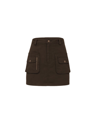 Brown skirt with multiple pockets on a white background