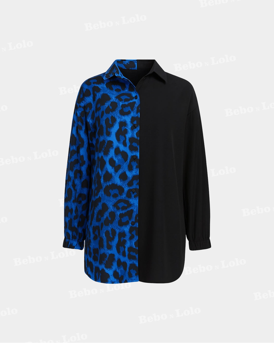 BeboNLolo Eclipse Contrast Leopard Shirt with half blue leopard print and half solid black – Front View