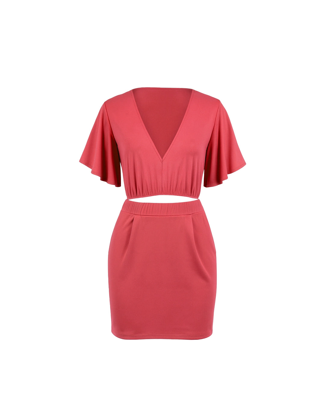 Red two-piece outfit with a top and skirt on a white background