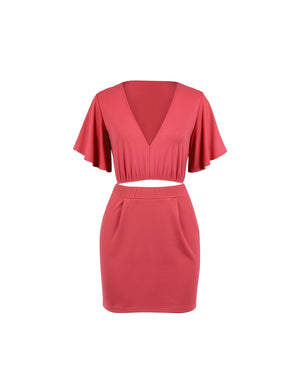 Red two-piece outfit with a top and skirt on a white background