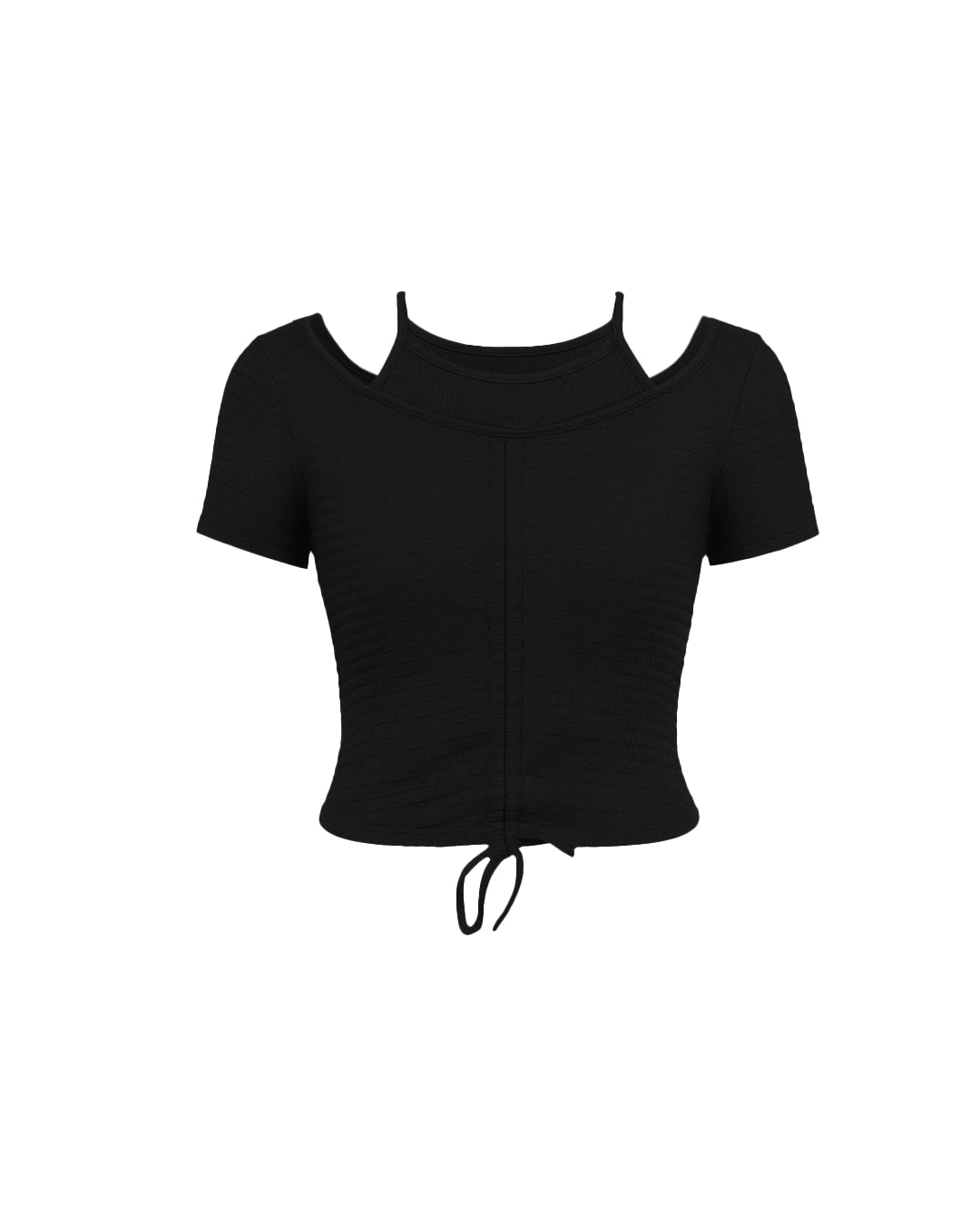 Black short-sleeve top on a white background
