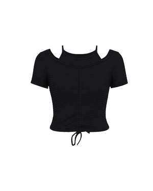 Black short-sleeve top on a white background