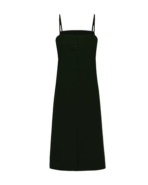 Black slip dress with thin straps on a white background