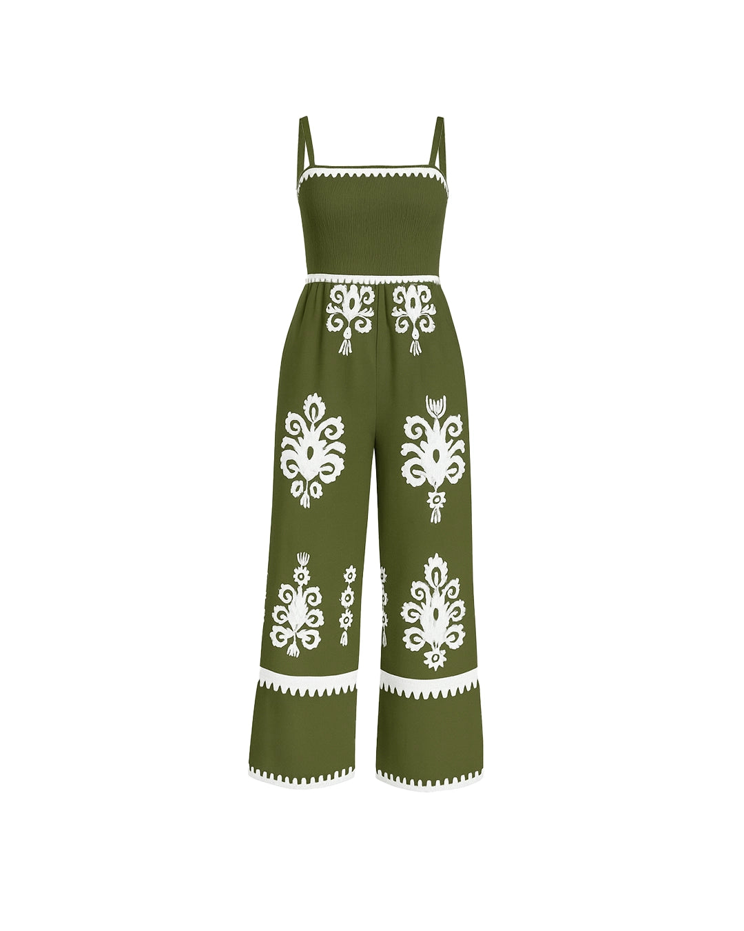 Green jumpsuit with white floral patterns on a white background