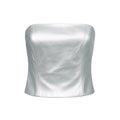 Silver strapless top on a white background