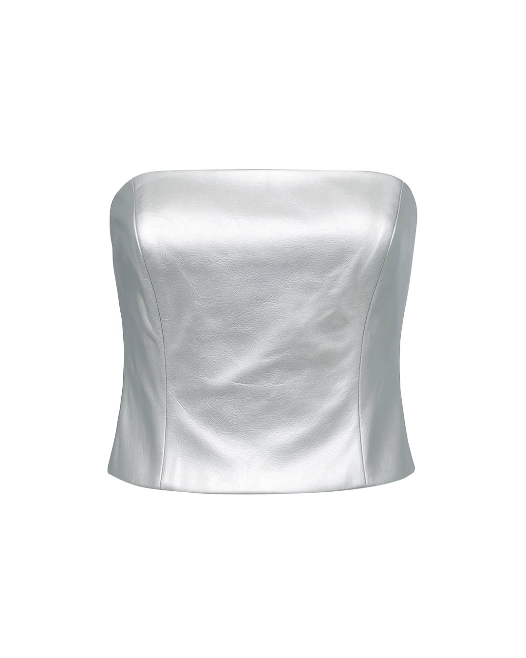 Silver strapless top on a white background