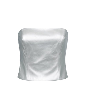 Silver strapless top on a white background
