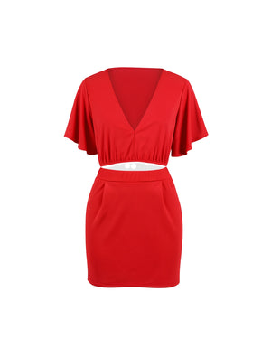 Red two-piece outfit with a top and skirt on a white background