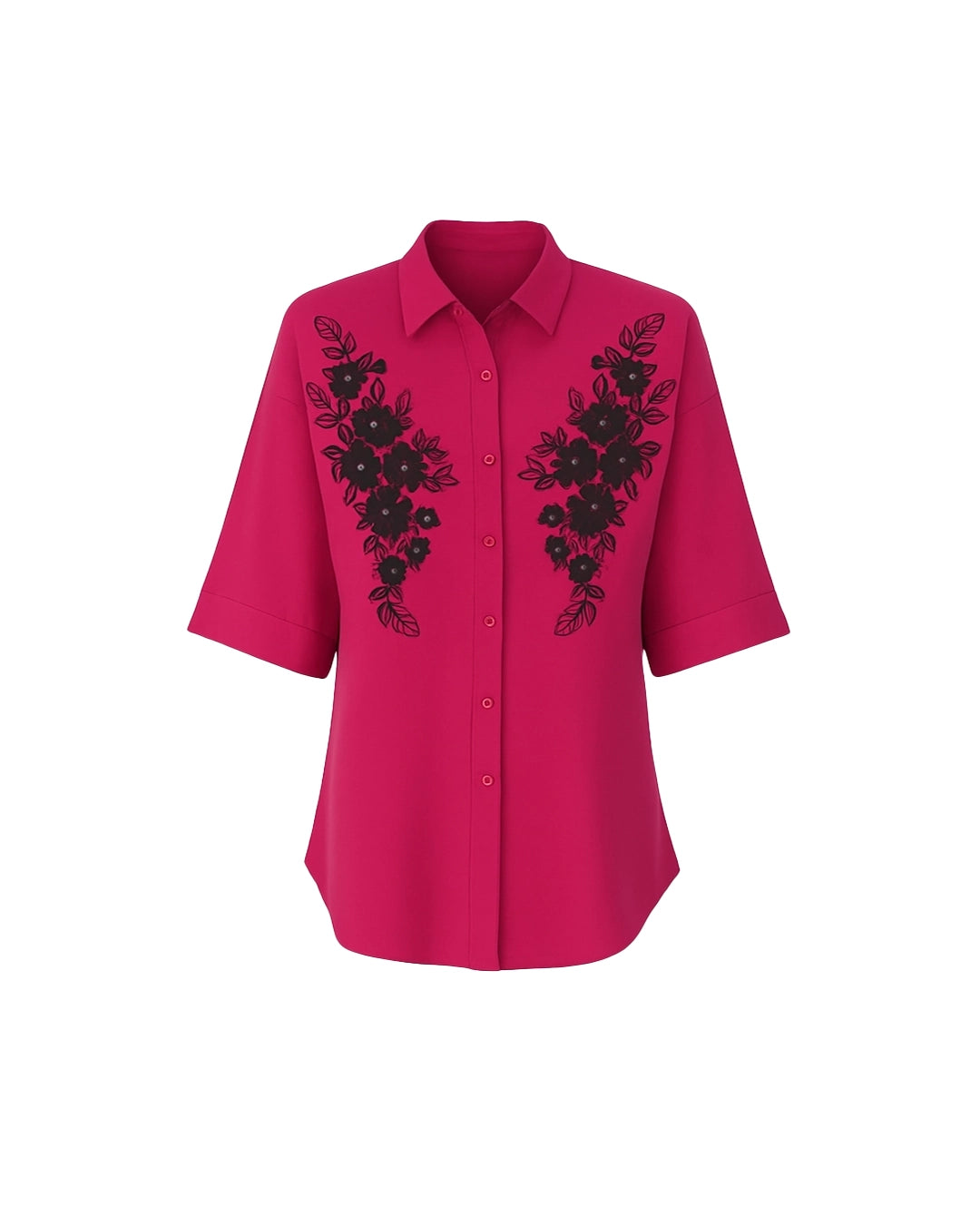 Pink shirt with black floral embroidery on a white background