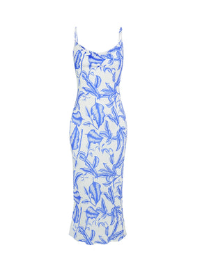 Dress with blue floral pattern on a white background
